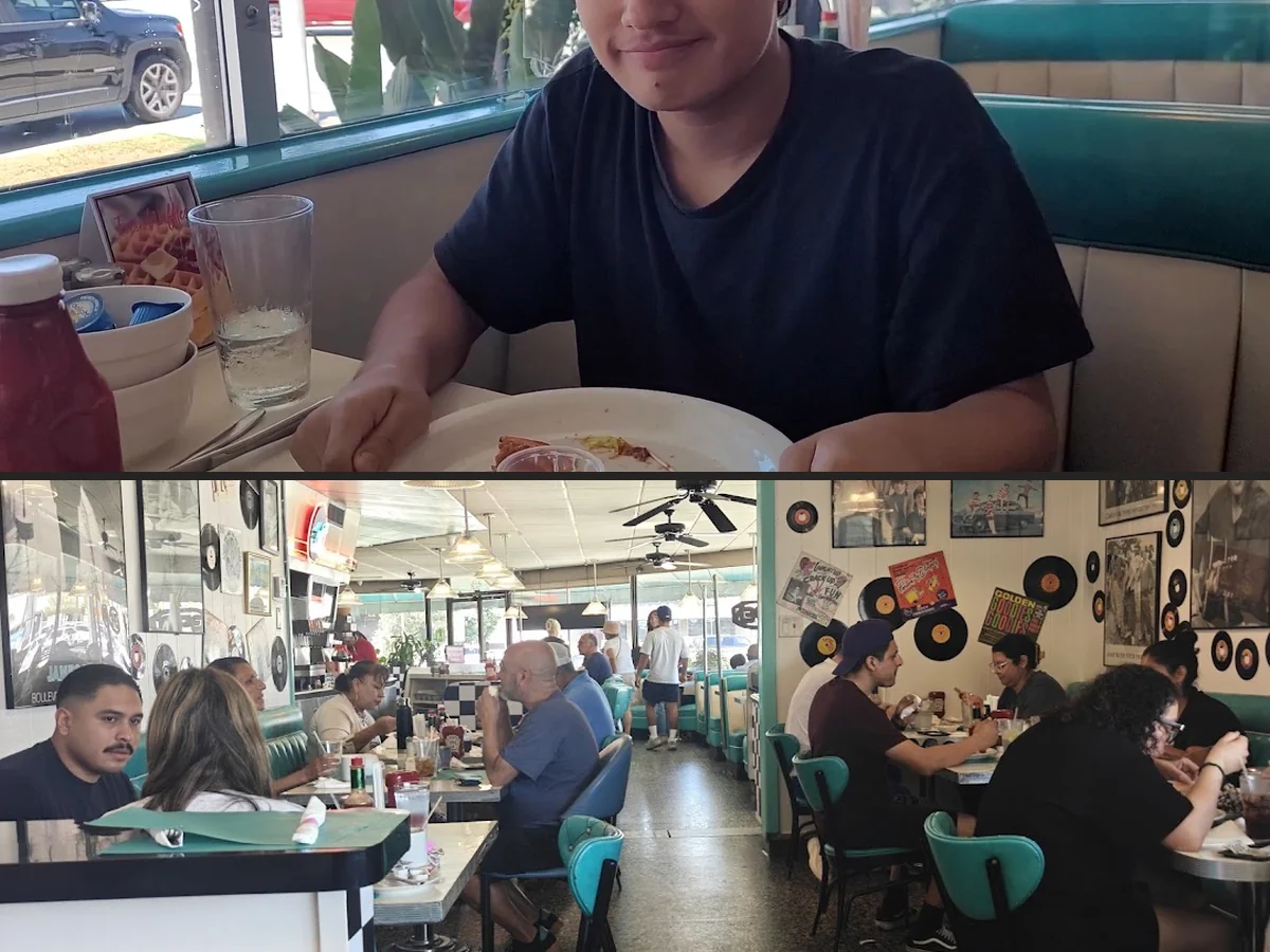 American diner interior with booths and a long counter.