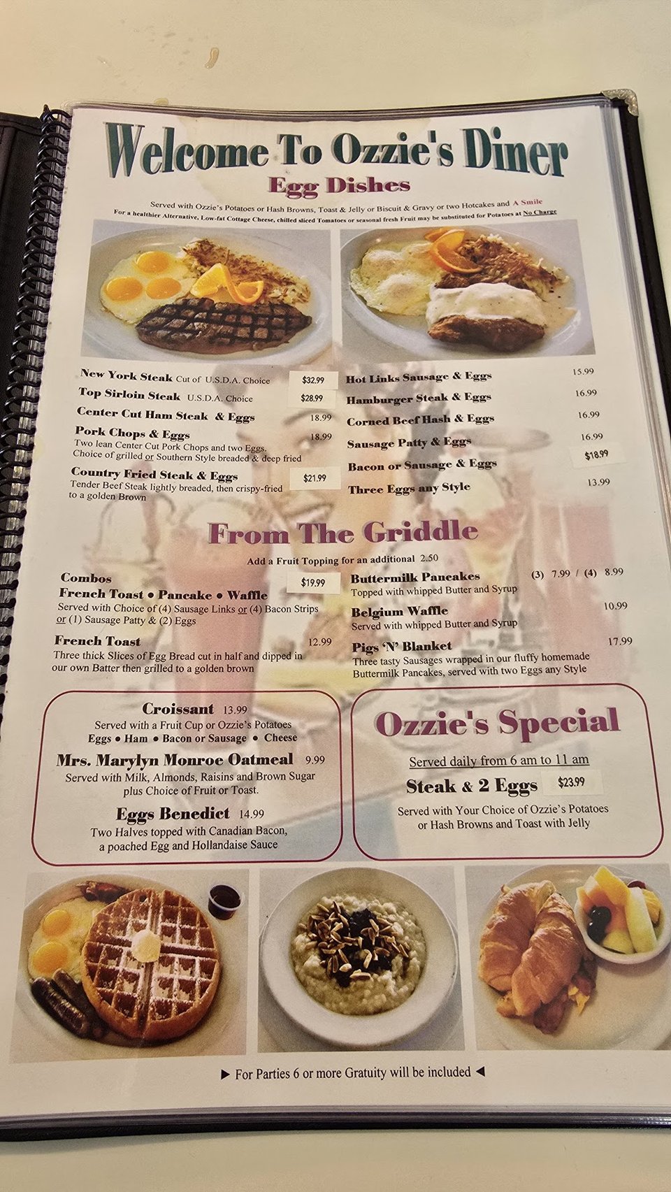 Printed menu pages with breakfast plates and appetizers.