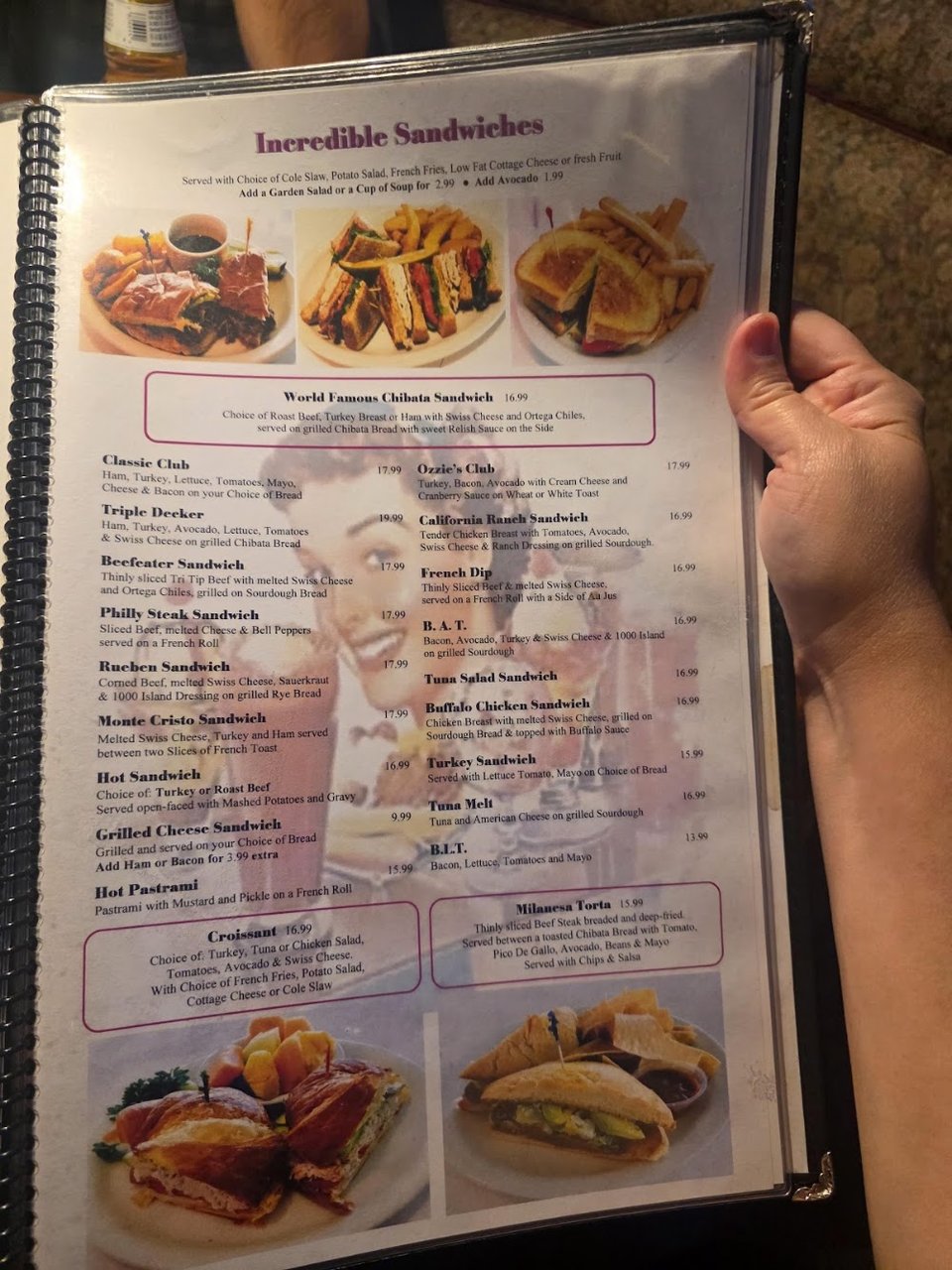 American diner menu with hearty plates and bar items.